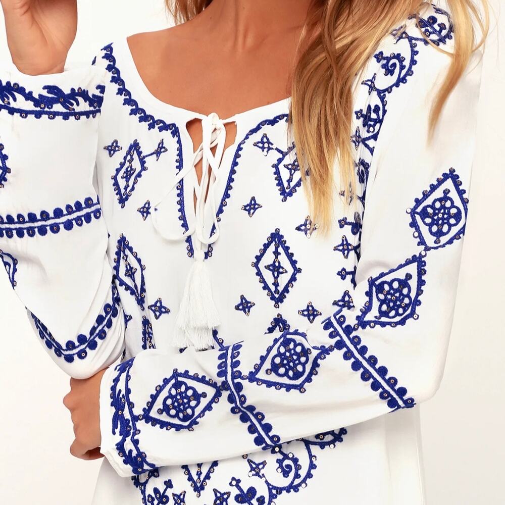 Lulus A Day In The Life Embroidered Long Sleeve Mini Dress Women's Small White - Picture 4 of 16